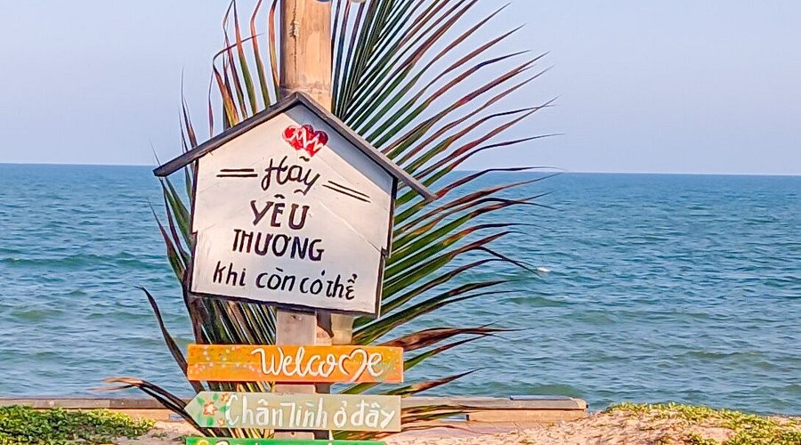 Ghế ngồi rải rác trên nền cát, phong cách mộc mạc gần biển tại The Sea Coffee